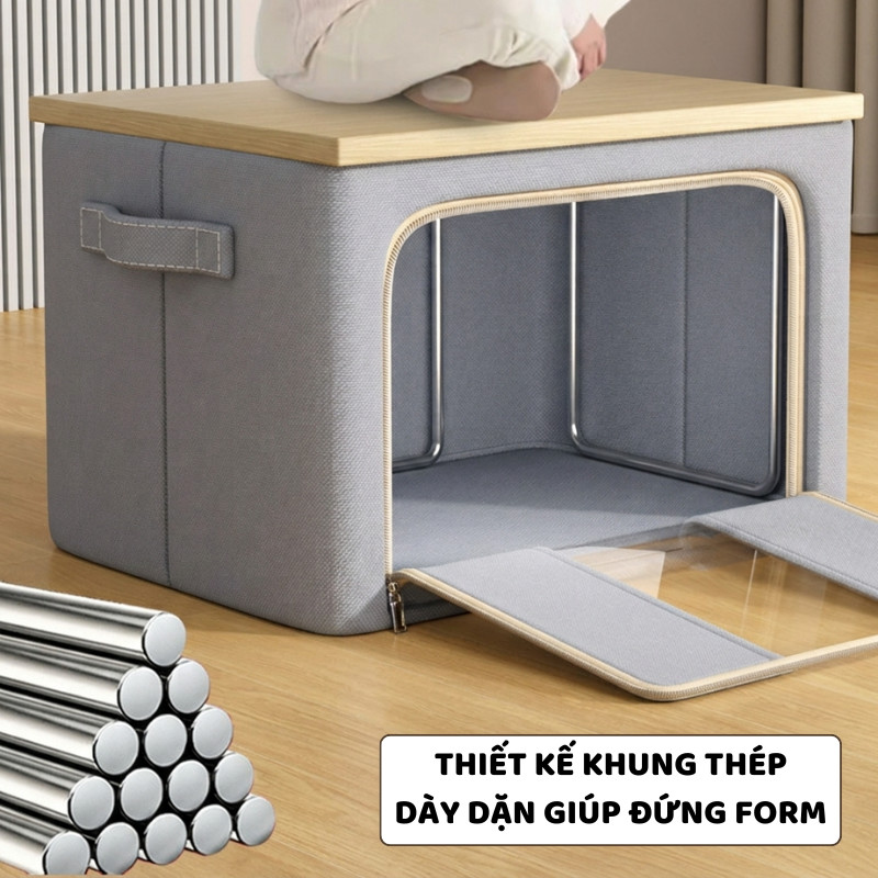 Hộp Vải Khung Thép Size Lớn Đựng Quần Áo ENODA HOME, Hộp Vải Bảo Quản Chăn Gối Bông Có Khóa Kéo Kín Bụi HV145