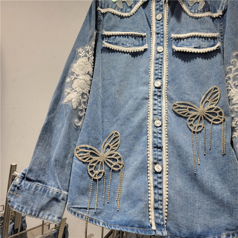 Áo sơ mi denim nữ với ren công nghiệp nặng, thiết kế dài tay retro phong cách phương tây, phù hợp mùa xuân