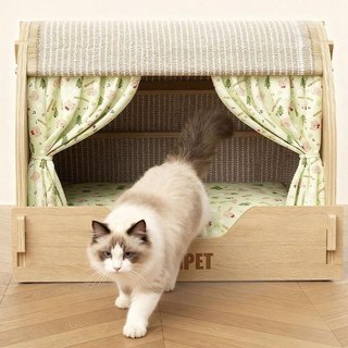 Hang Giường cho mèo với Thảm cào mèo Sisal tự nhiên, Nhà mèo khung gỗ nguyên khối có rèm và Thảm trải sàn cho mèo, Bảo vệ ghế và thảm