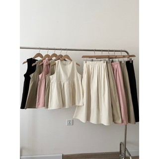 Set Váy Áo Babydoll Ba Lỗ Xếp Ly Kèm Chân Váy Kaki Dáng Dài Hàn Quốc, Set Đồ Bộ