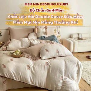 Bộ vỏ chăn ga gối 4 món Vải Double Gauze siêu mềm Memminbedding luxury họa tiết gấu được thêu tỉ mỉ