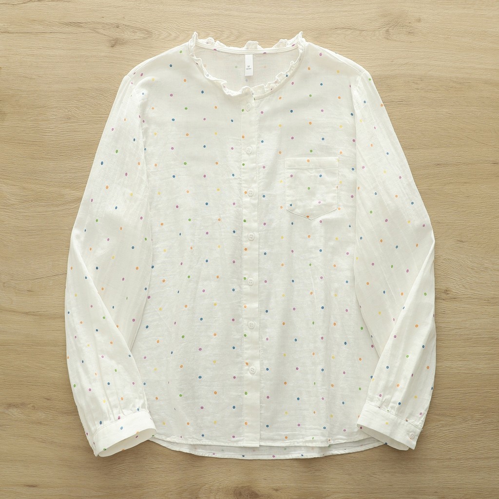 Áo sơ mi nữ 100% sợi cotton cao cấp, họa tiết chấm bi, thời trang hàng ngày