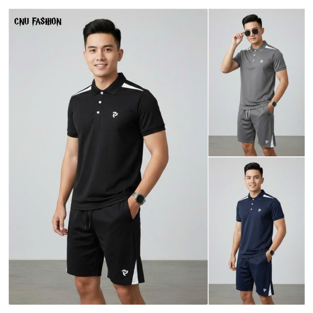 Bộ quần áo nam nữ cao cấp- Phối vai logo thêu- Chất liệu poly cá sấu co giãn mát mẻ- trẻ trung