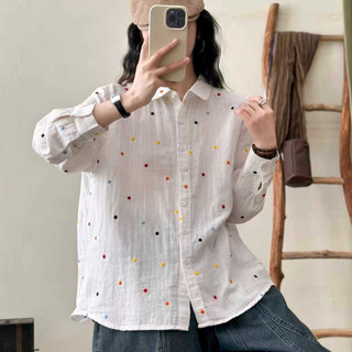 [Hàng có sẵn] Áo sơ mi nữ 100% sợi cotton chất lượng cao thêu cotton mùa xuân mềm mại Áo giảm béo thông thường mới