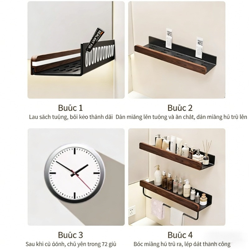 Kệ để đồ nhà tắm gỗ óc chó, giá đựng mỹ phẩm treo tường chống gỉ sét, chịu lực siêu bền