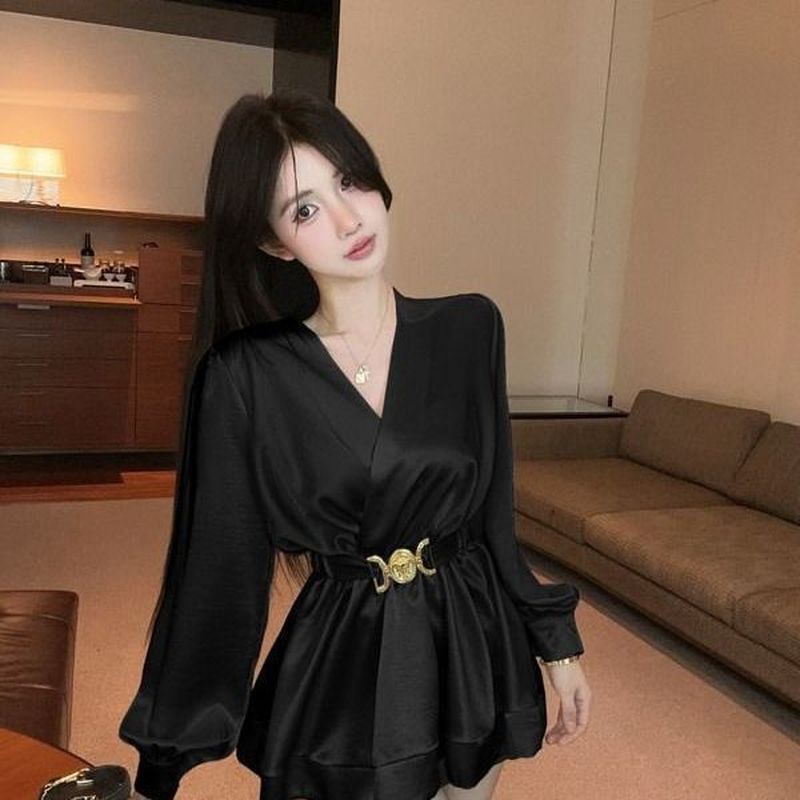 Pháp Cao Cấp Tay Phồng Tính Khí Áo Sơ Mi Thiết Kế Cổ Chữ V Phối Ren Satin Dài Tay Áo Sơ Mi Nữ Hợp Thời Trang