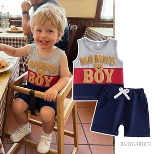 6M-4Y Bé Trai 2 Món Trang Phục Đáng Yêu Chữ Gấu Thêu Không Tay Cổ Tròn Áo Và Quần Short Mùa Hè