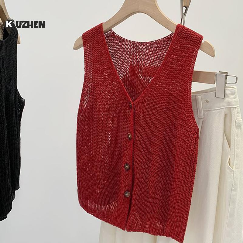 KUZHEN Áo Vest Dáng V Mùa Hè Cho Nữ, Vải Cotton và Lanh, Thiết Kế Trơn Hot