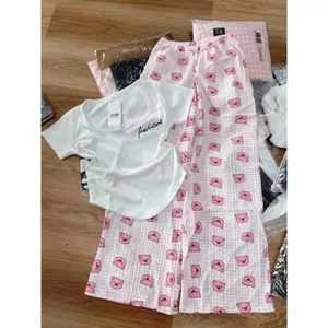Bộ quần dài heo hồng + mix áo CROPTOP hình chữ kí nguuc xinh xắn-chang3158QA