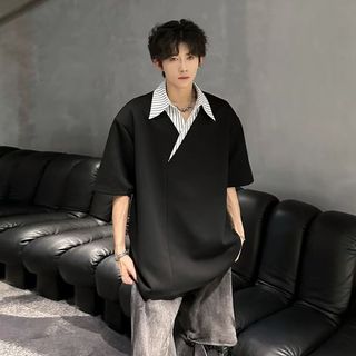 Áo Sơ Mi Polo Nam Sọc Khâu Áo Sơ Mi Cổ Giả Hai Mảnh Tay Ngắn