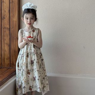 Váy liền cho bé gái họa tiết hoa nhí - váy maxi không tay phong cách vintage đi biển