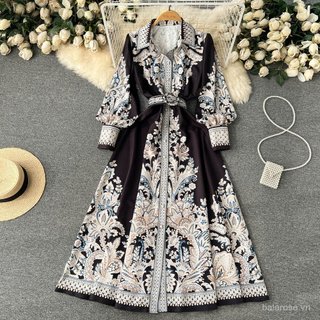 Đầm dài tay áo lồng cổ bẻ in họa tiết phù hợp xuân thu thiết kế cinching thắt lưng dáng xòe phong cách cung đình