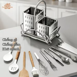 Khay đựng đũa muỗng thép không gỉ 304 thông gió thoát nước 2 in 1 bền chắc tiết kiệm diện tích