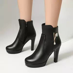 VNTMLH34-43 Kích Thước Lớn Ngón Chân Tròn Đế Dày Chống Thấm Nước Dây Kéo Bên Dây Kéo Gợi Cảm Dày Cao Gót Hộp Đêm Giả Mẫu Mẫu Tiệc Sàn Diễn Giày Bốt Ngắn