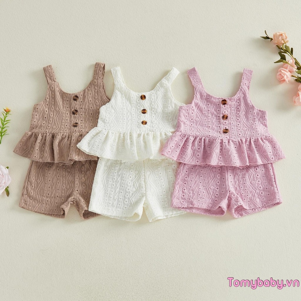 Bộ đồ mùa hè cho bé gái Bộ Áo hai dây rỗng + Quần short buộc dây chắc chắn Trang phục 2 món mùa hè