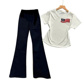 sét bộ quần ống loe dáng dài + mix áo thun CROPTOP dáng ngắn chất tăm lạnh siu xinh-thuba94