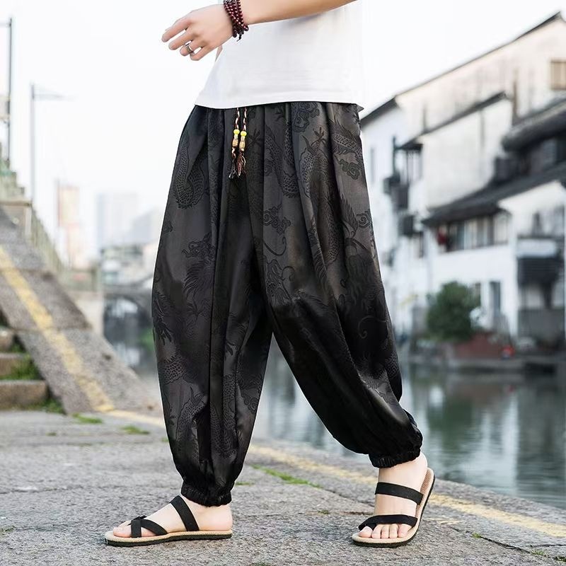 Quần harem dáng rộng họa tiết rồng Trung Quốc, thời trang cho nam