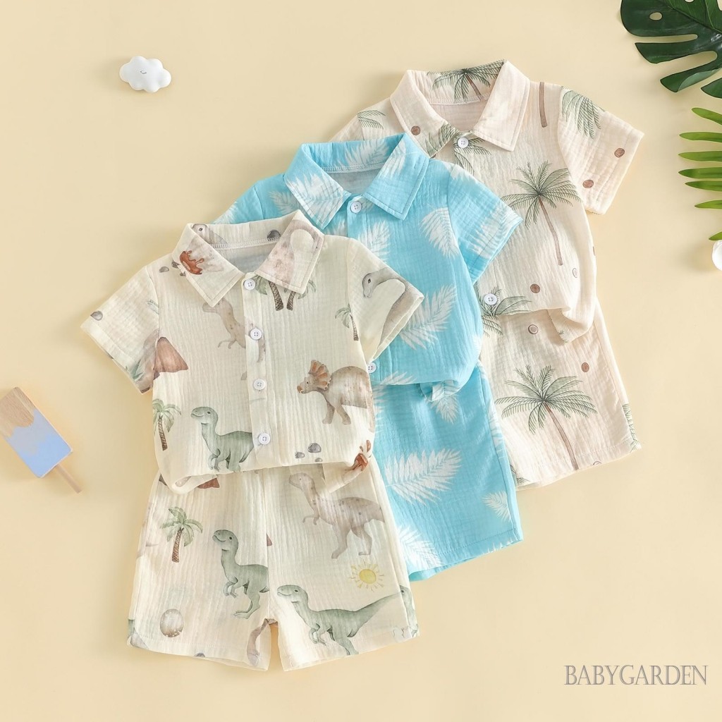 6M-4Y Tập Đi Bé Trai Trang Phục Mùa Hè Khủng Long / Lá / Cây Dừa In Nút Xuống Cổ Áo Sơ Mi Tay Ngắn Và Quần Short