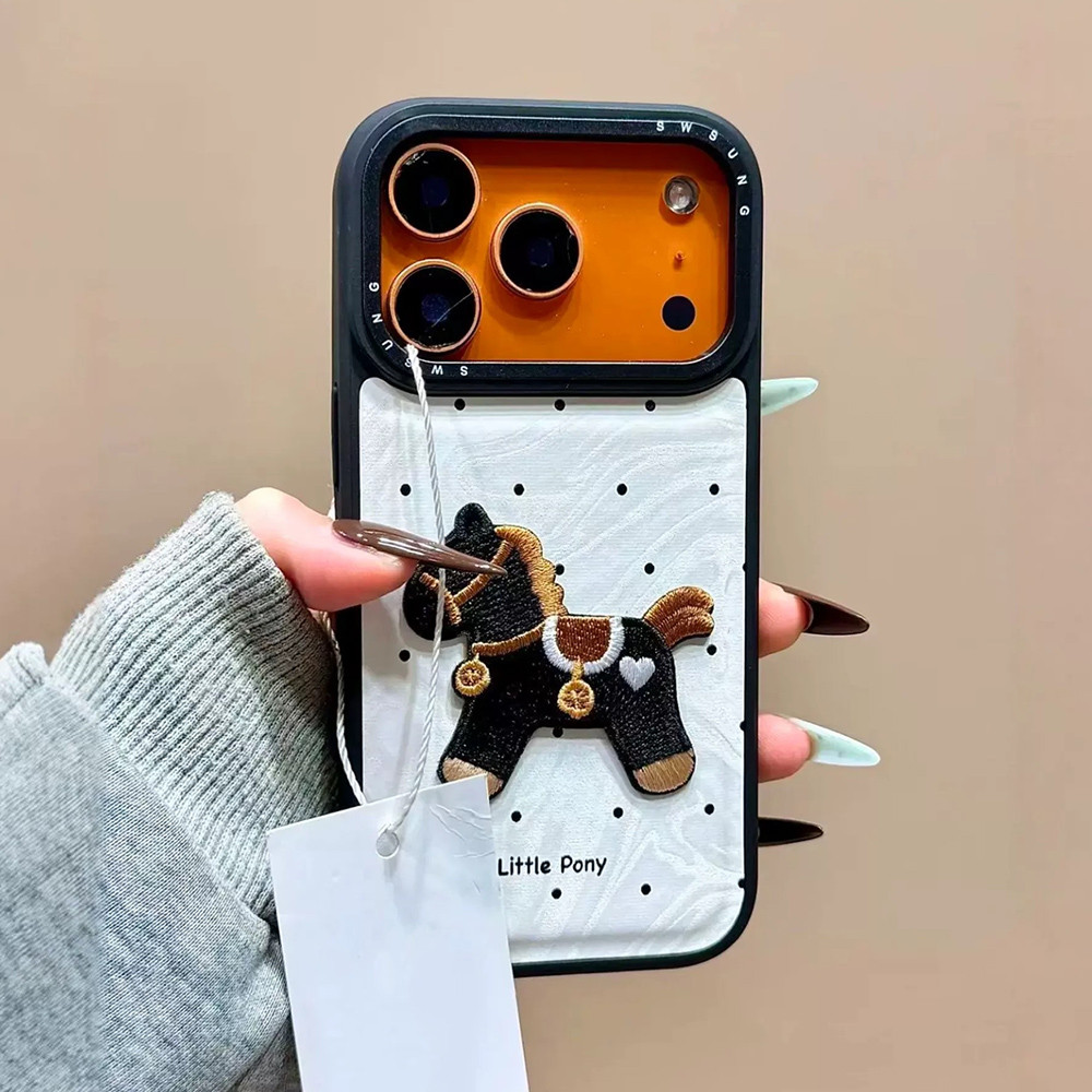 Ốp Điện Thoại Da Nhung Thêu 3D Ngựa Cho iPhone 17 Pro Max 16 15 14 13 Vỏ Bảo Vệ Chống Sốc