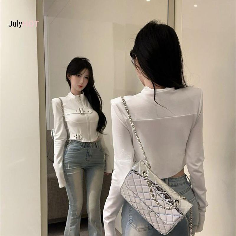 Áo sơ mi đứng cổ dài tay ôm thời trang dạo phố, chất liệu kim loại màu xanh dương