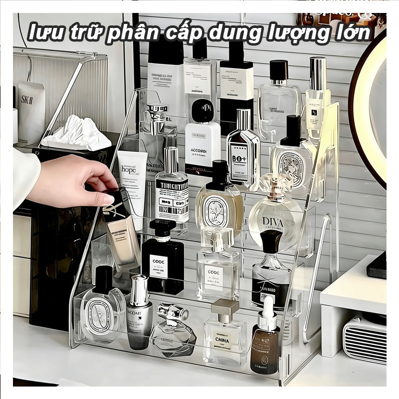 Kệ Đựng Mỹ Phẩm Nhiều Tầng Bằng Acrylic Trong Suốt - Thiết Kế Bậc Thang Để Nước Hoa, Son Môi, Trang Trí Bàn Trang Điểm