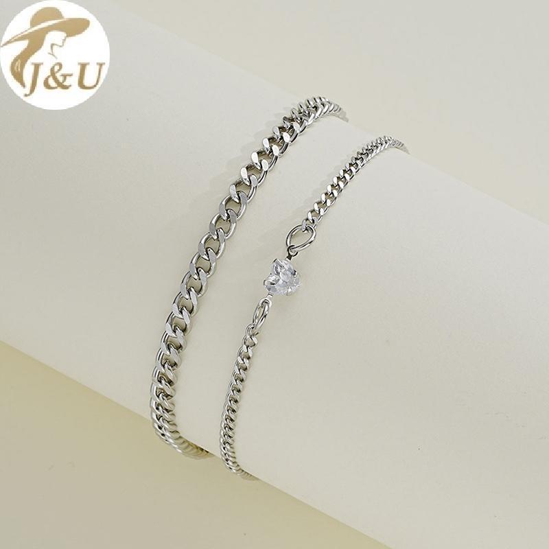 Bộ vòng tay inox thời trang đơn giản cho cặp đôi, pha lê hình trái tim bạc dây xích - Quà tặng tình yêu
