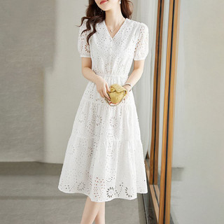Đầm ngắn tay màu trắng kiểu Pháp, thiết kế khoét lỗ, dành cho nữ, đầm dài dáng thanh lịch mùa hè