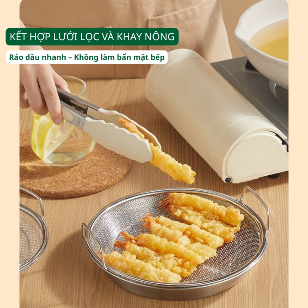 Set khay đĩa kèm vỉ lưới lọc dầu inox 304 ráo dầu nhanh, dùng chiên rán – hấp – rửa thực phẩm