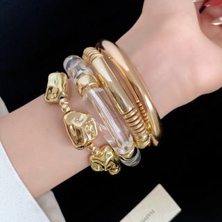 1 Bộ Vòng Tay Hình Học Không Đều Màu Vàng Bạc, Chất Liệu Acrylic Và Kim Loại