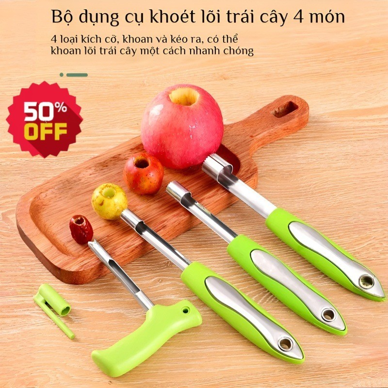 Bộ dụng cụ tách hạt trái cây bằng thép không gỉ / Dụng cụ tách hạt trái cây an toàn và hợp vệ sinh / Tách hạt nhanh trong 3 giây / Bộ dao tách hạt trái cây 4 món