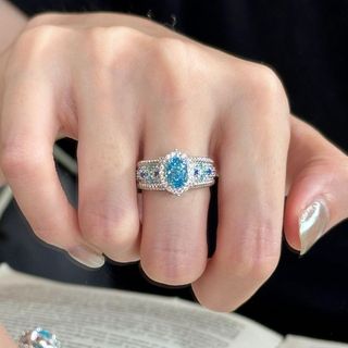 Nhẫn nữ đá zircon xanh biển họa tiết hoa, phong cách châu âu mỹ hiện đại