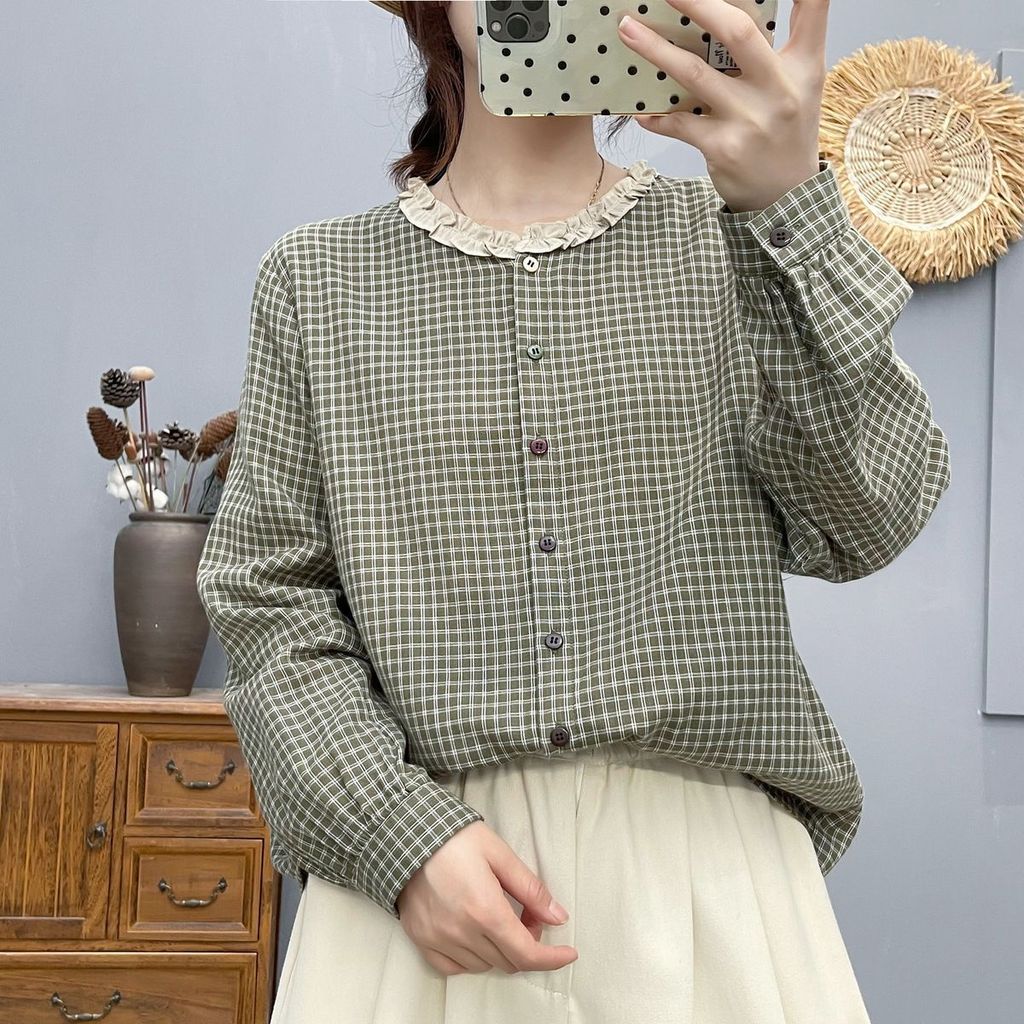 Sẵn sàng - Áo sơ mi nữ 100% cotton chất lượng cao, cổ ren kẻ sọc nhỏ, thoáng mát cho mùa xuân