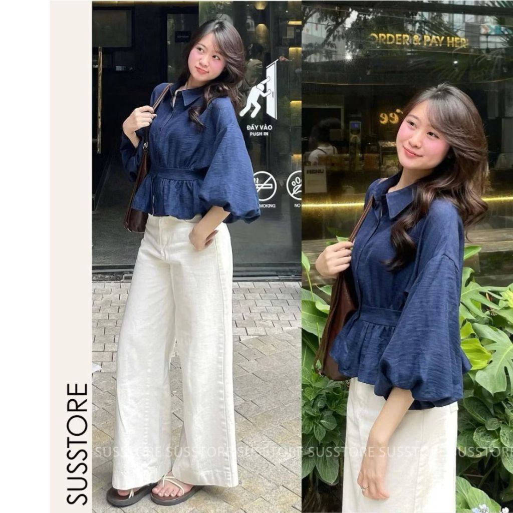 [Peinn] Áo Sơmi Bo Eo Lưng Chun Tay Bồng Cúc Dọc Đũi Hàn A377226 - Sam Botique