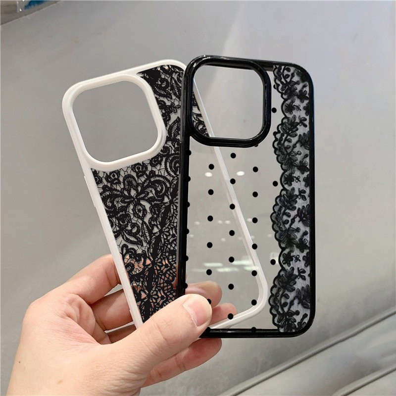 Ốp Lưng Cho iPhone 11 16 15 Pro 17 Max 16e 14 11 12 13 15 Pro XR XS Max X 7 8 Plus SE2022 Họa Tiết Ren Đen Trong Suốt Chống Sốc