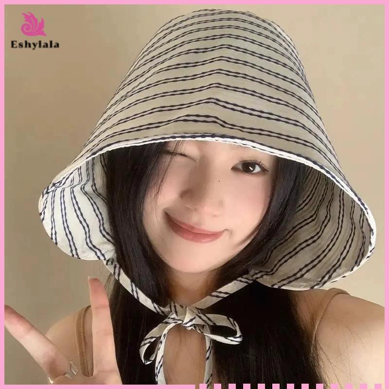Mũ Beanie nữ phong cách Hàn Quốc, gấp gọn có dây cột, sọc kẻ, thích hợp đi biển