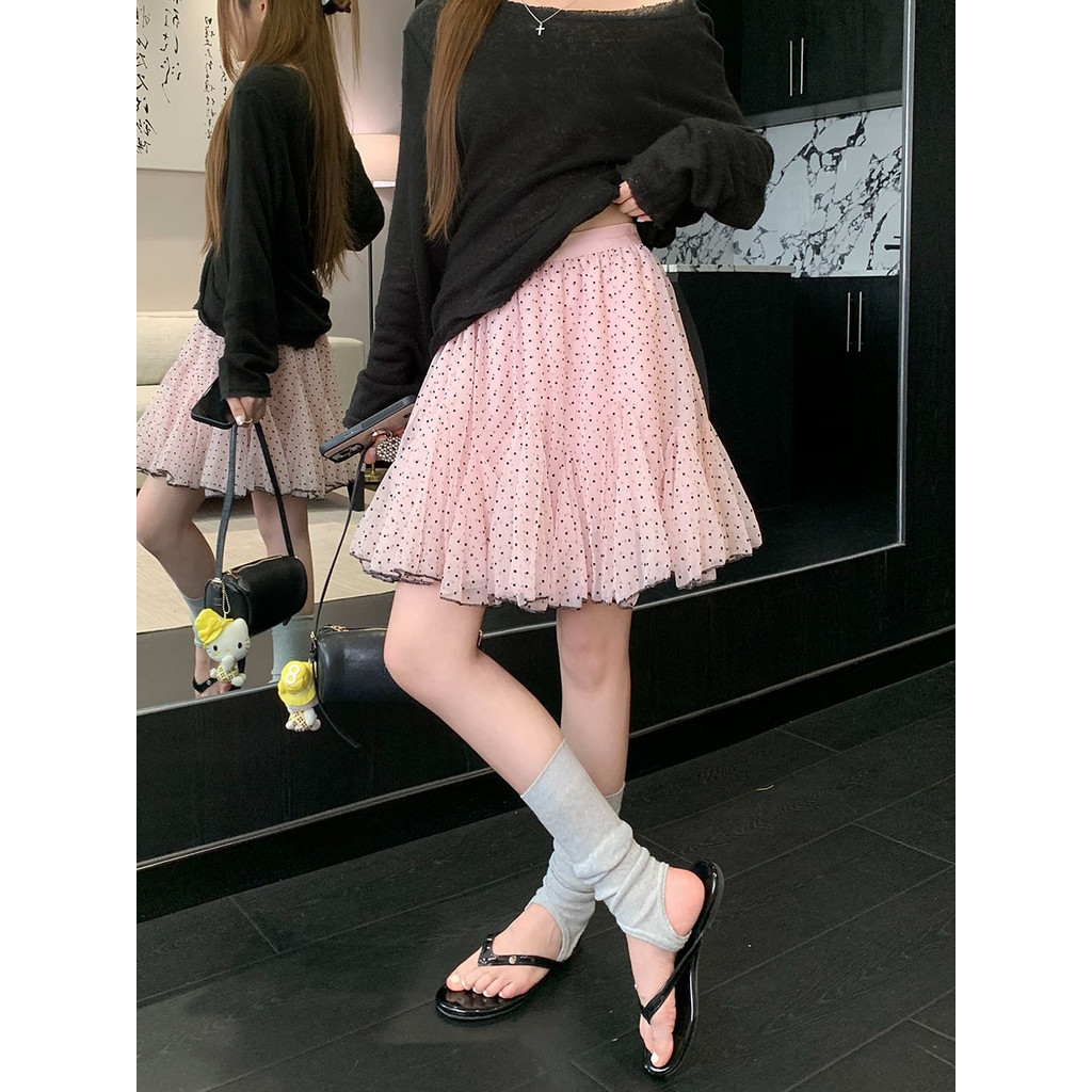 SUXI Váy phồng chữ A chấm bi cổ điển nhẹ nhàng mới 260323