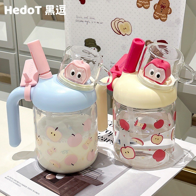 Ins Style Cốc Thủy Tinh Giá Trị Cao Có Tay Cầm Cốc Rơm Dung Tích Lớn Dễ Thương Có Nắp Phong Cách Mới Hộ Gia Đình Làm Trà Cốc Giá Trị Cao