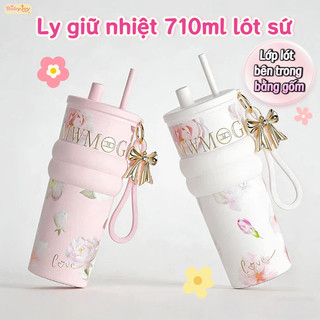 【BabyJoy】Ly giữ nhiệt 710ml lót sứ,giữ nhiệt 8-12h, kèm ống hút và charm siêu đáng yêu, phù hợp quà tặng