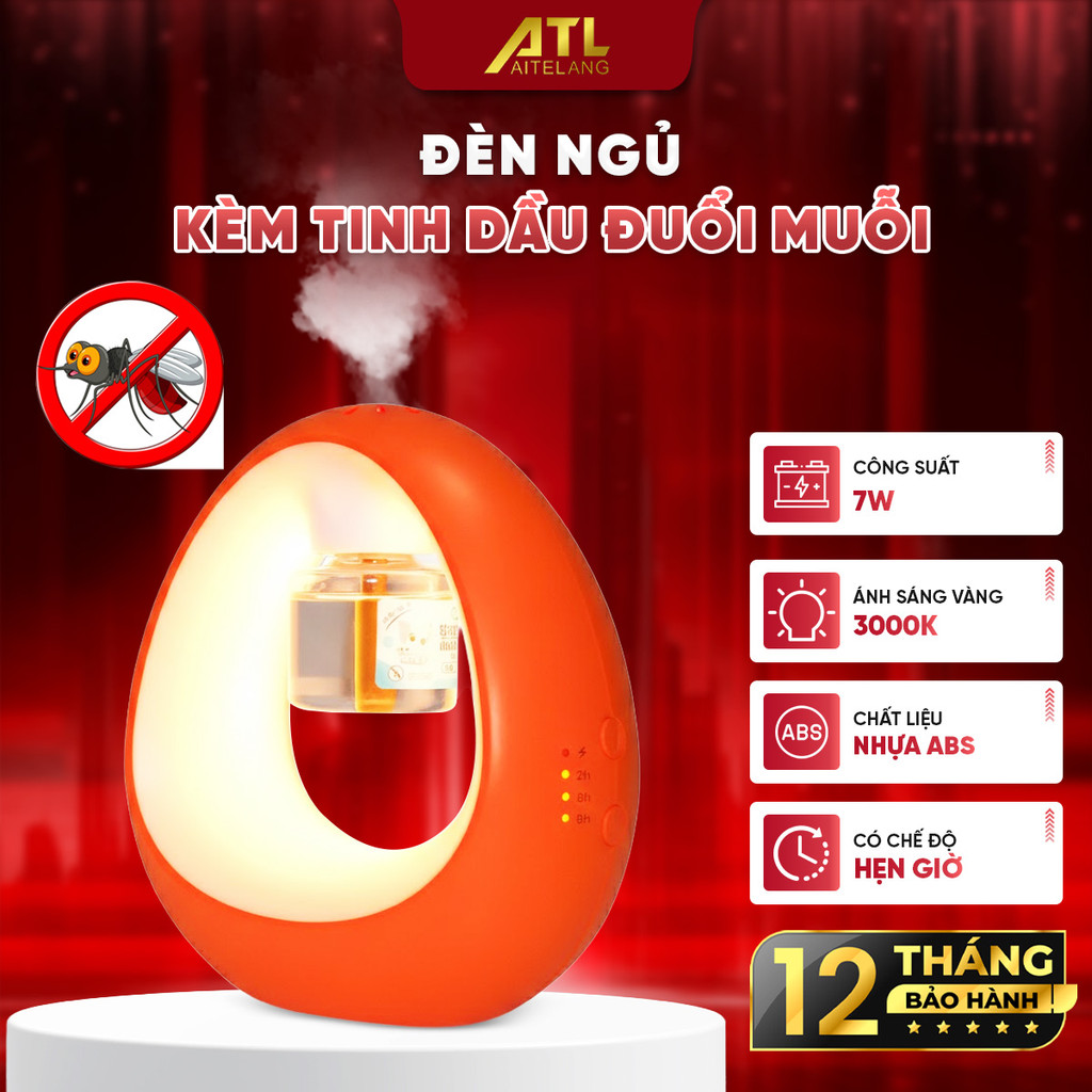 Đèn ngủ kèm tinh dầu đuổi muỗi, đèn xông tinh dầu không mùi, có hẹn giờ, thiết kế nhỏ gọn, tiện lợi