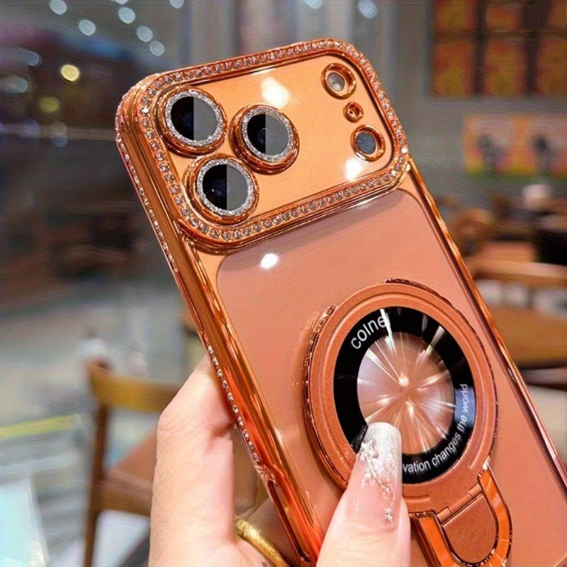 Ốp Điện Thoại Kim Cương Giả Sang Trọng Cho iPhone 17 Pro Max 16 Plus 15 14 13 12 11 Không Khí Có Giá Đỡ Từ Tính Nhẫn Trong Suốt Ốp Lưng