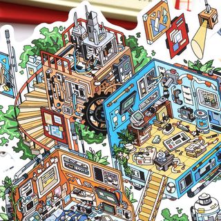 ENWEI 3 Cái [Dòng khách sạn Cliff] Nhãn dán phong cảnh chống nước cực lớn 3D với cửa hàng nhạc cụ vách đá và khách sạn Cliff Phong cách hoạt hình cho sổ lưu niệm Tạp chí Người lập kế hoạch Văn phòng phẩm