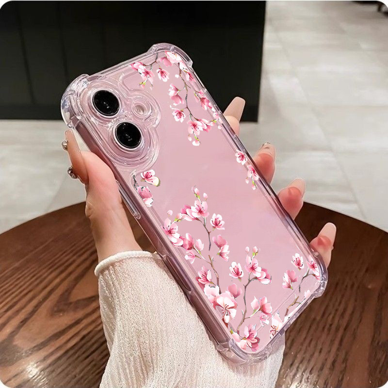 Vỏ hoa Tulip hồng toàn màn hình cho Huawei Honor 400 Pro Lite X6C X7D X9D X9B Nova 7 SE Vỏ bảo vệ không khí trong suốt chống sốc Góc bảo vệ Camera silicon mềm