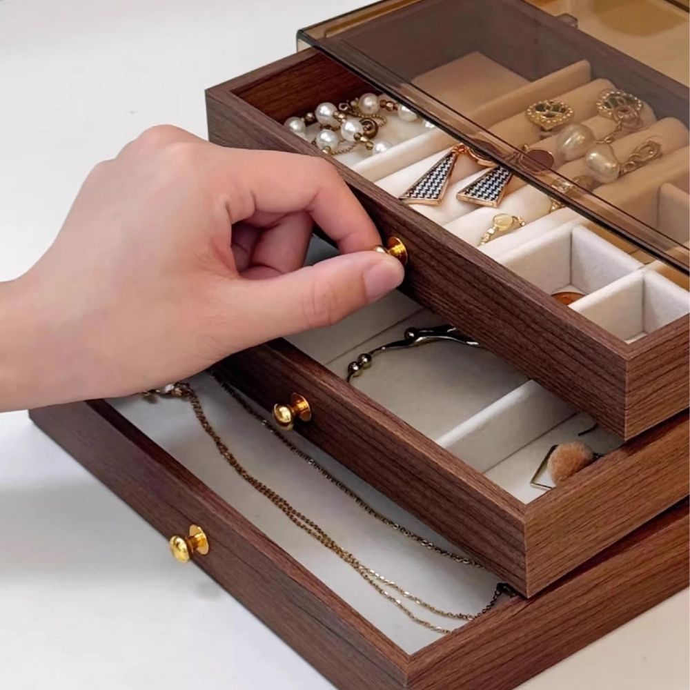Hộp Đựng Trang Sức Bằng Gỗ Cao Cấp DINO- Khay Đựng Nhẫn, Dây Chuyền, Hoa Tai 3 Tầng Sang Trọng