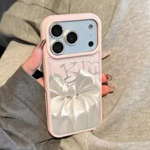 Sữa trắng Satin Ribbon Knot cho iPhone16promax17AIR trường hợp điện thoại 15plus mềm trường hợp 13 lỗ lớn 12 nhỏ
