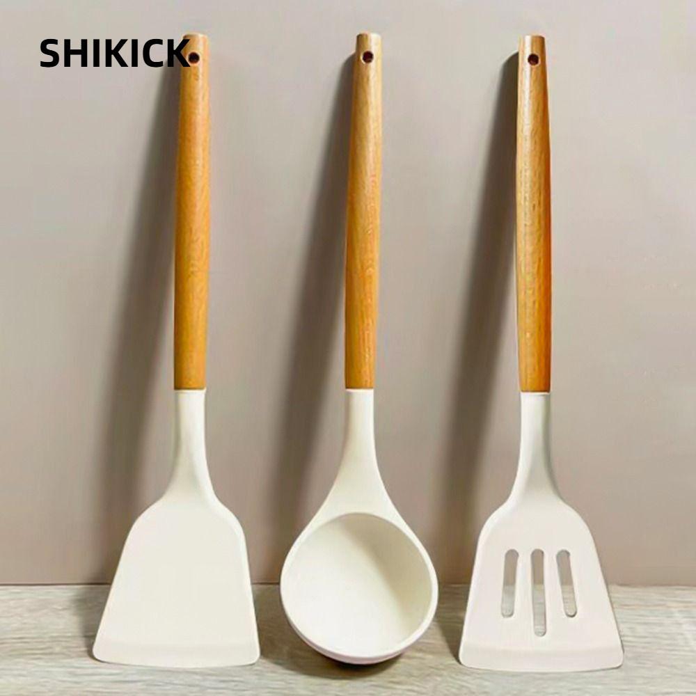 SHIKICK 3 Cái / bộ Dụng Cụ Nướng Thìa Nấu Ăn, Xẻng Thìa Silicon Chịu Nhiệt Màu Be, Dụng Cụ Nhà Bếp Chống Dính Chống Trơn Trượt Dụng Cụ Nấu Ăn Chảo Chiên