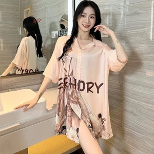 Bộ Đồ Ngủ Bé Gái Nhẹ Nhàng Sang Trọng Thoáng Mát Tay Ngắn Váy Ngủ Cổ Chữ V Phong Cách Mỏng Có Thể Mặc Bên Ngoài Băng Lụa Mát