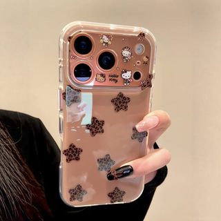Mèo Kitty Hàn Quốc Bảo Vệ Toàn Diện Ống Kính Màu Nâu Da Báo Ngôi Sao Đính Hạt Dây Đeo Ốp Lưng Điện Thoại iPhone 17Promax 17Pro 15 16 Promax Chống Sốc Ngọt Ngào Nữ Tính Vỏ Di Động