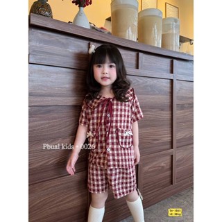 8-26kg Pizama kẻ đỏ hồng cộc tay cho bé gái