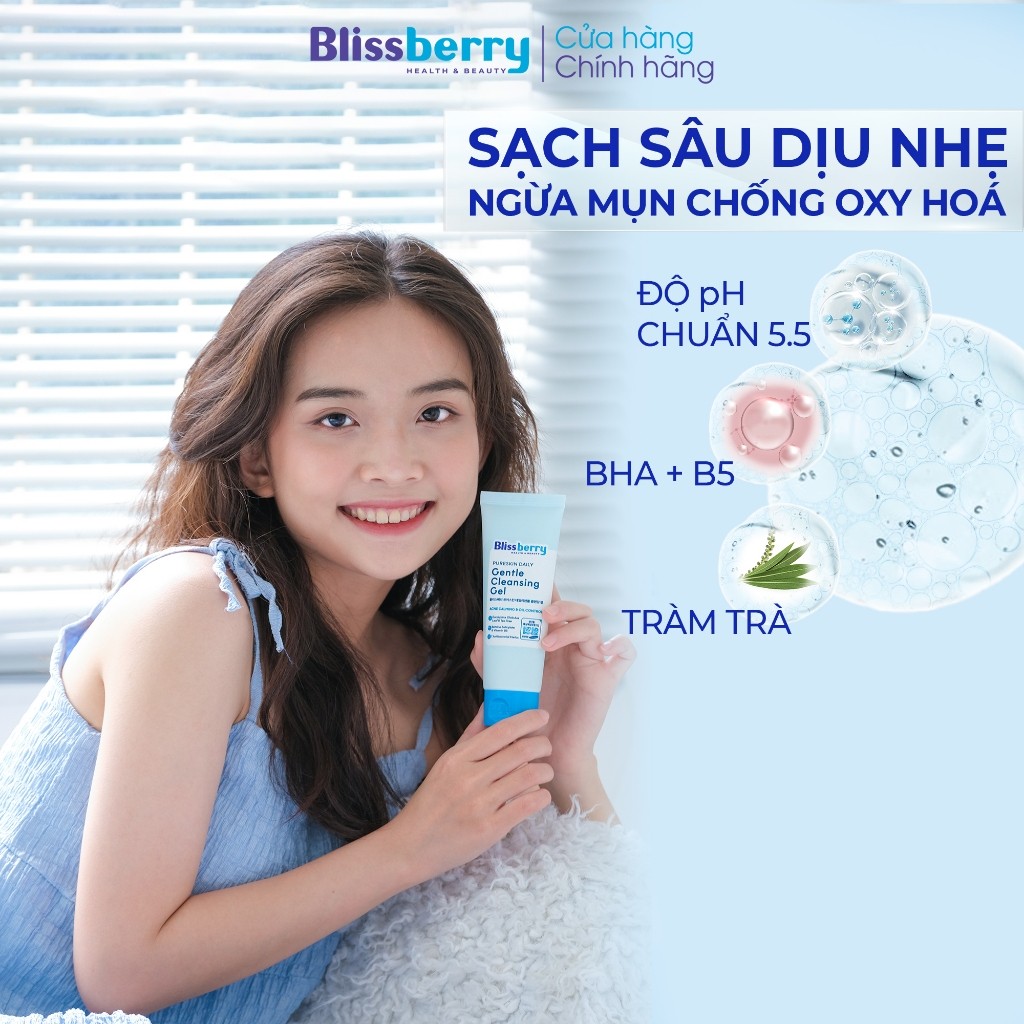 Sữa Rửa Mặt BHA pH 5.5 Dịu Nhẹ Giảm Mụn Kết Hợp B5 Duy Trì Độ Ẩm Blissberry Daily Gentle Cleansing Gel 100ml