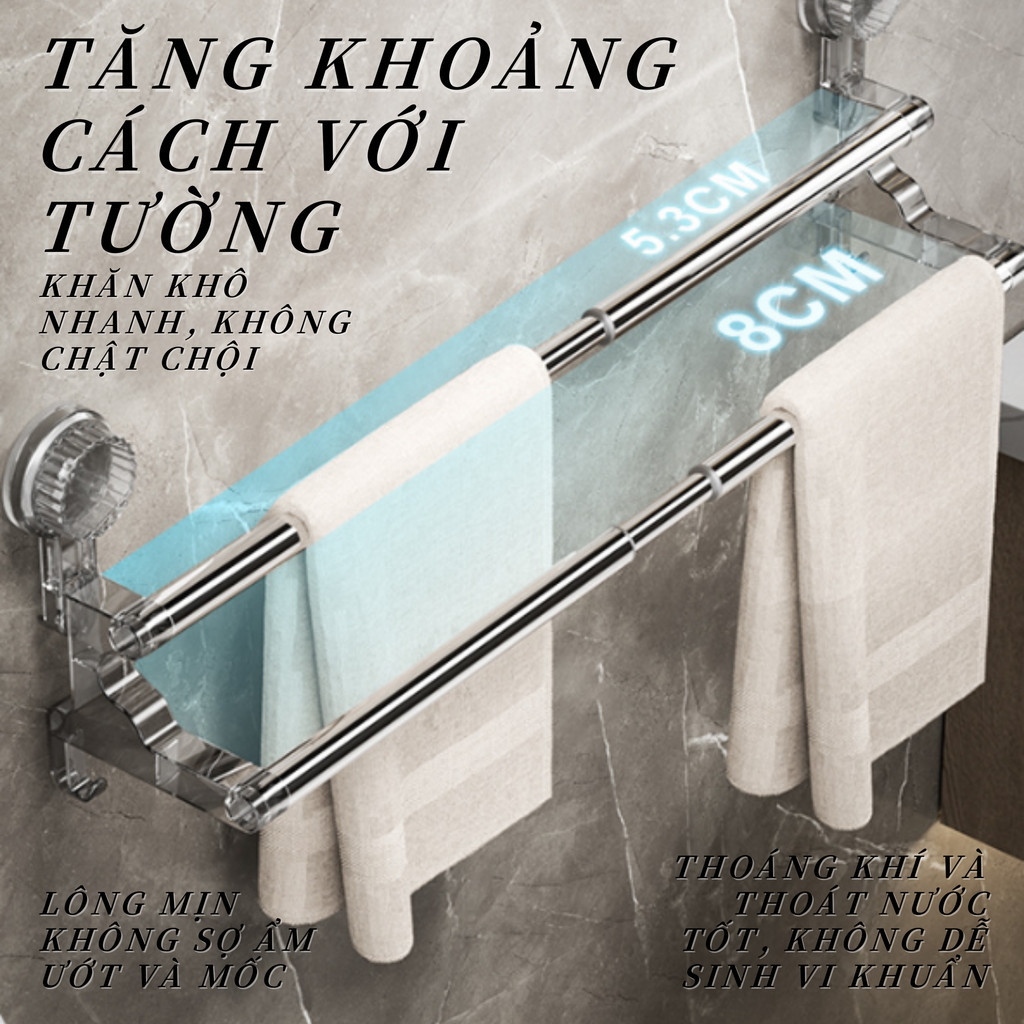 Thanh Treo Đồ Nhà Tắm Đa Năng Hút Chân Không - Thiết Kế 2 Tầng Mở Rộng, Treo Khăn Tắm, Áo Choàng, Dép, Bàn Chải Tiện Lợi
